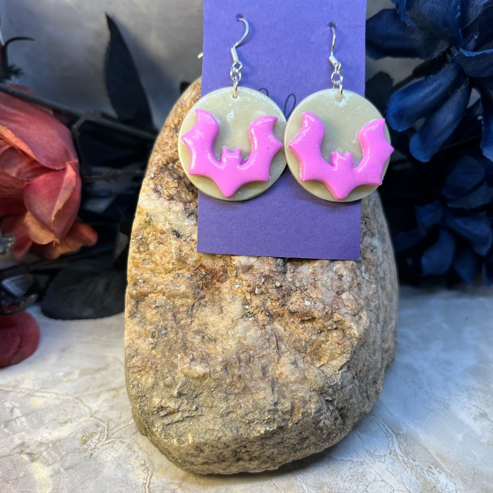 Pink Bat glow in dark moon Earrings